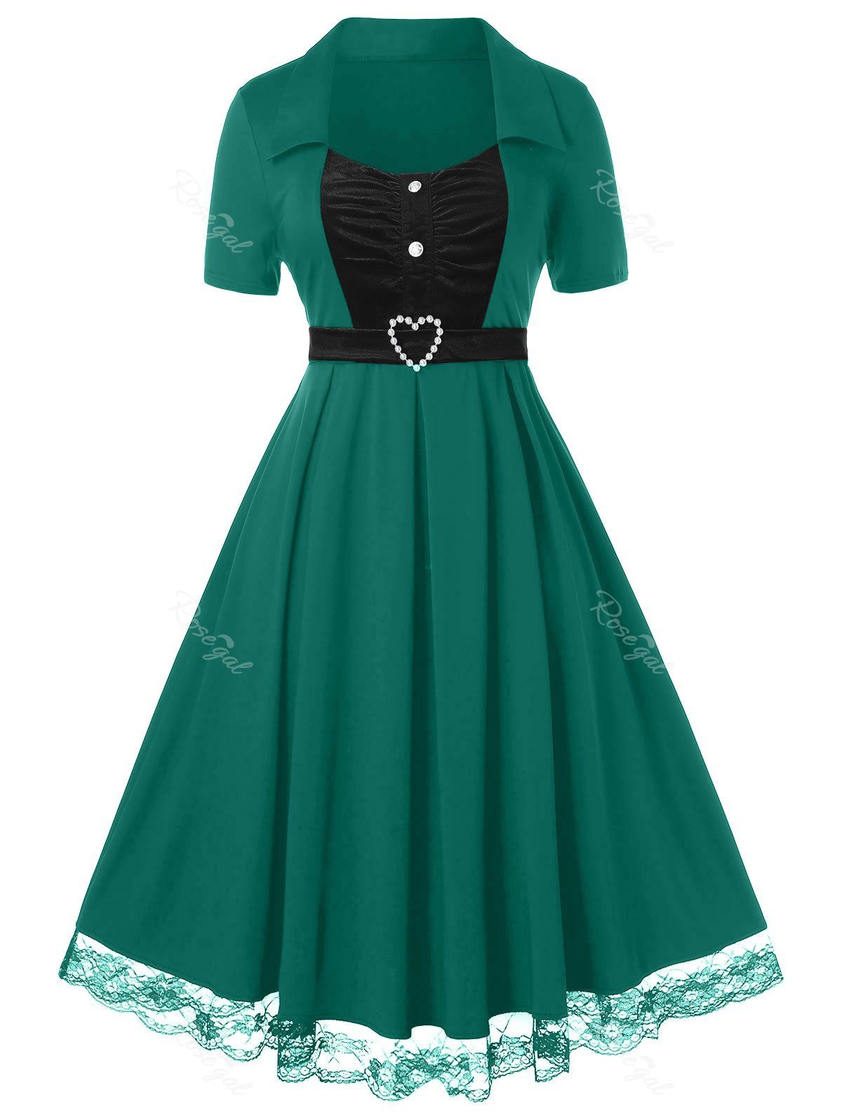 

Plus Size Lace Hem Velvet A Line Vintage Dress, Deep green
