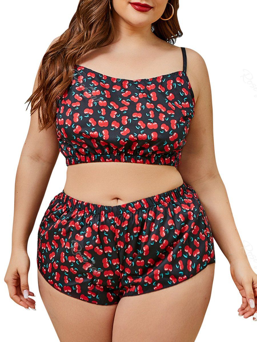 

Plus Size Cherry Print Pajamas Shorts Set, Black