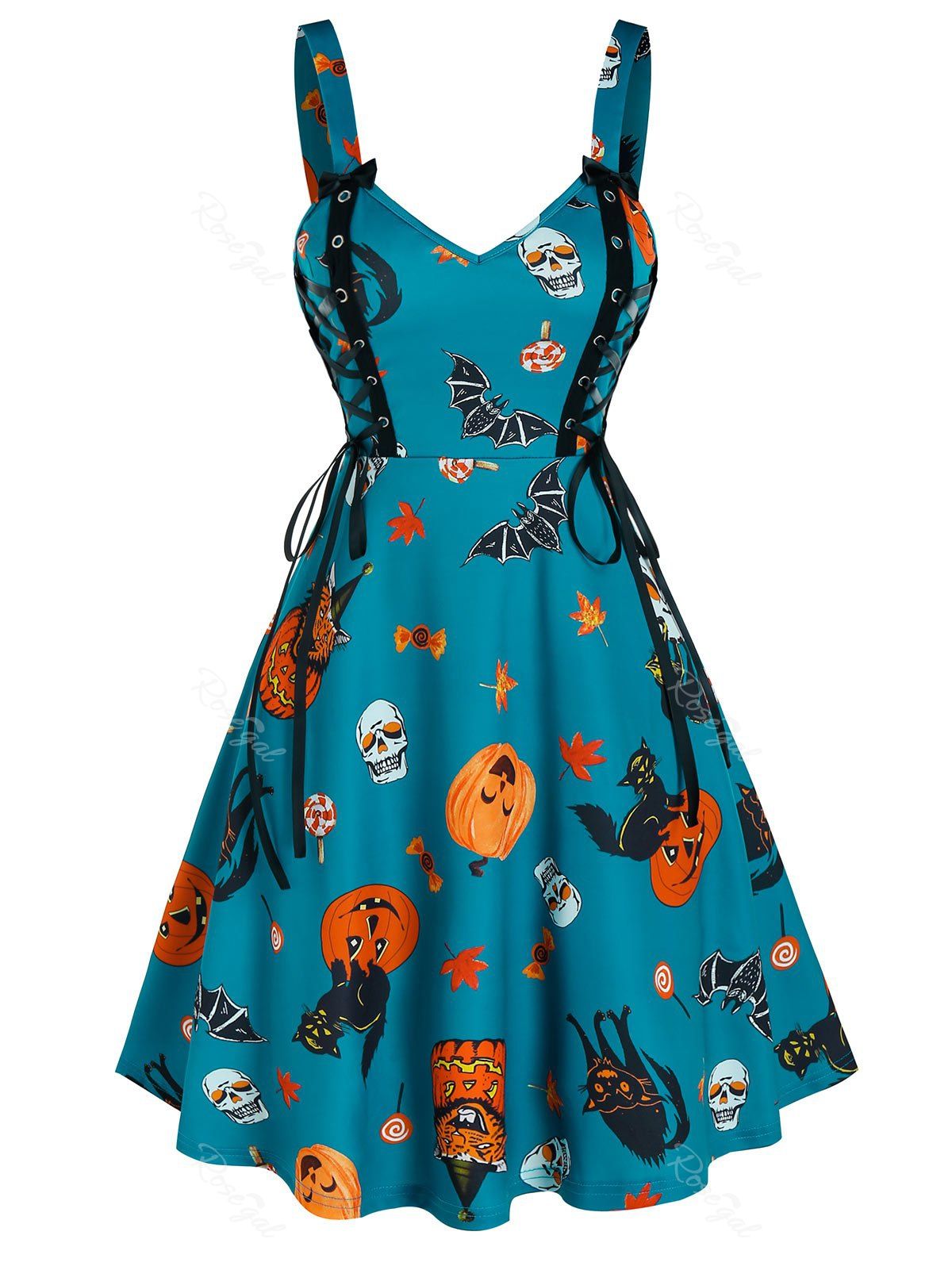 

Halloween Pumpkin Print Lace Up Mini Cami Dress, Greenish blue