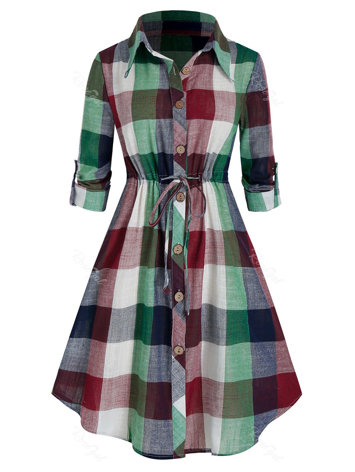 

Plus Size Plaid Drawstring Curved Roll Tab Sleeve Shirt Dress, Algae green
