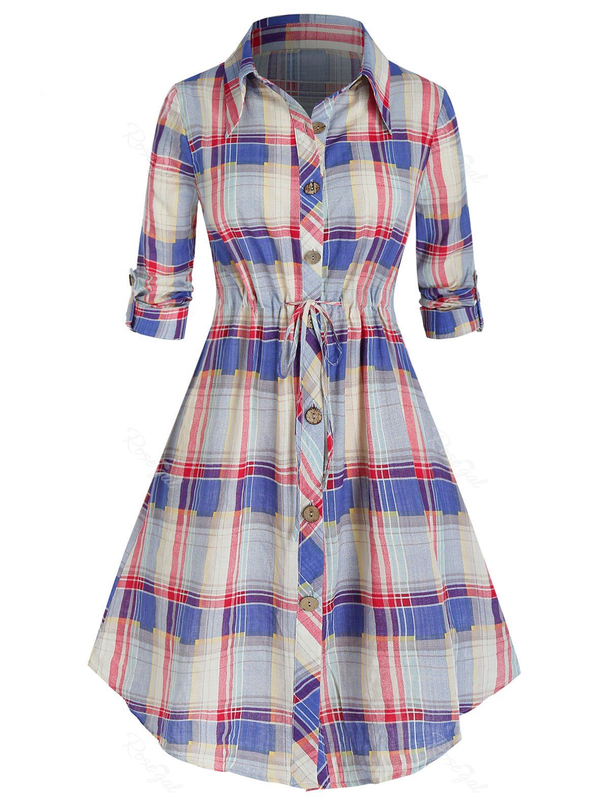 

Plus Size Plaid Drawstring Curved Roll Tab Sleeve Shirt Dress, Light pink