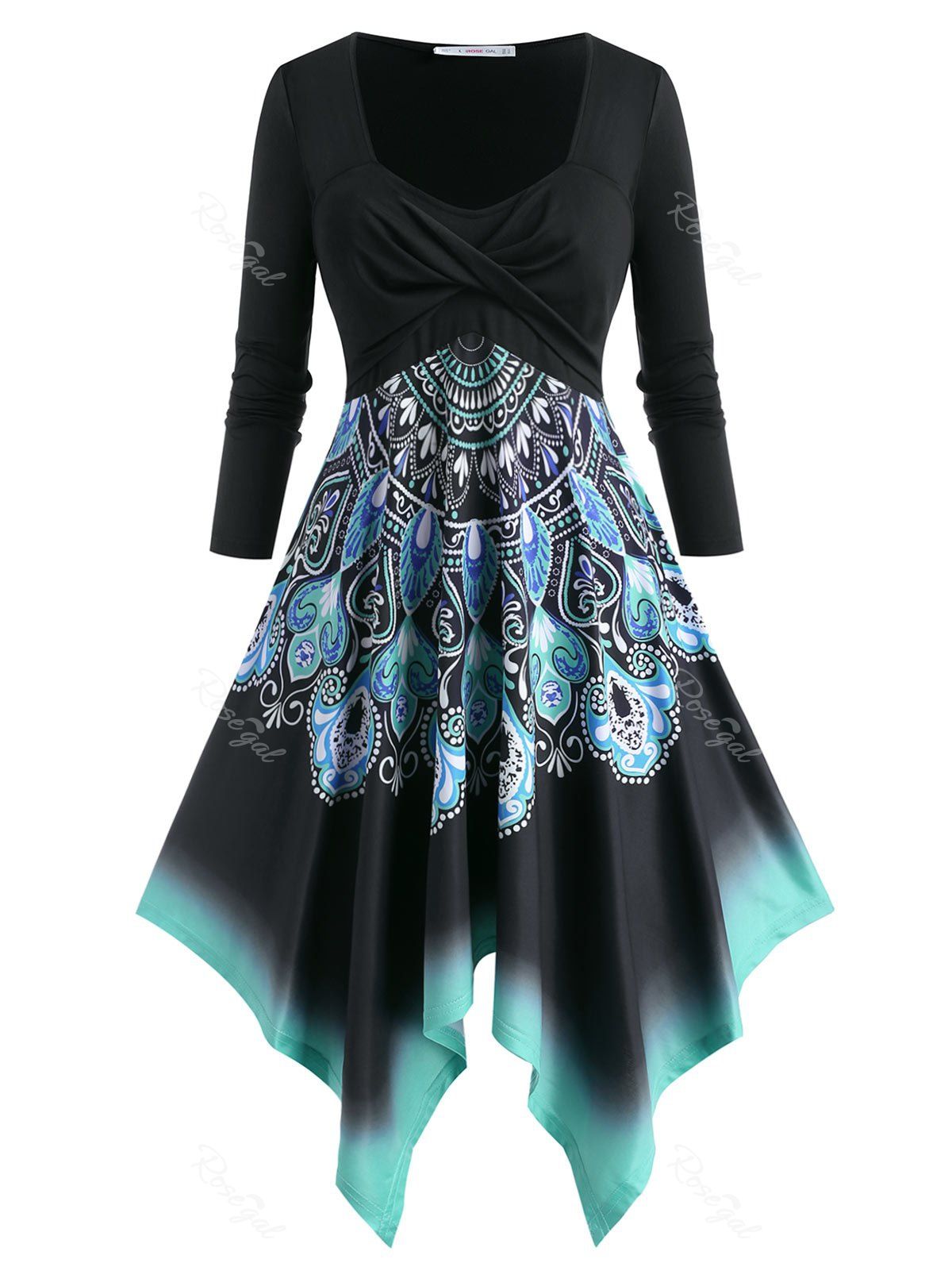 

Plus Size Twisted Print Hanky Hem Casual Dress, Black
