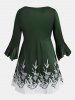 Flare Sleeve Lace Trim Leaves Floral Plus Size Blouse -  