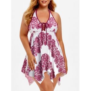

Plus Size Handkerchief Lace Print Halter Tankini Swimwear, Deep red