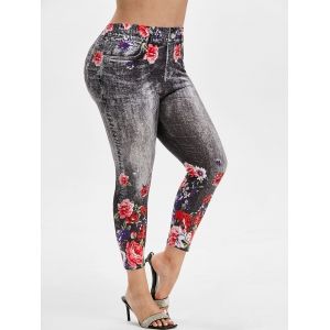 

Plus Size Flower 3D Jean Print High Waisted Jeggings, Black
