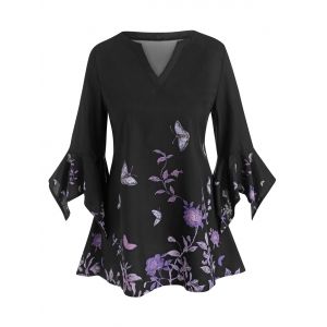 

Floral Butterfly Flare Sleeve Top, Black