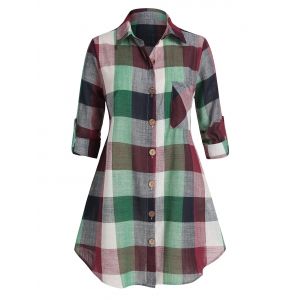 

Plus Size Plaid Turn-down Collar Blouse, Light green