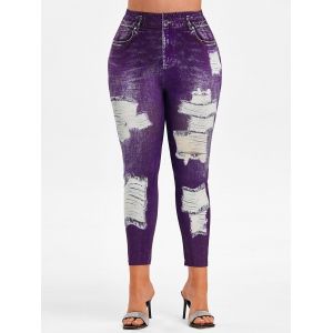 

Plus Size High Rise 3D Ripped Jean Print Ninth Jeggings, Purple iris