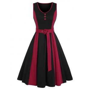 

Mock Button Sleeveless Contrast Belted Dress, Black