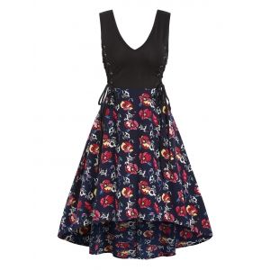 

Floral Skull Print Lace Up Sleeveless High Low Dress, Multi a