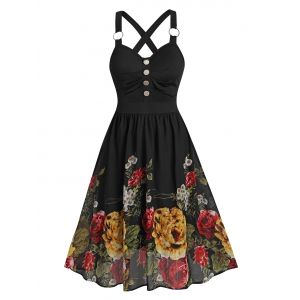 

Flower Print Sleeveless O-ring Mock Button Dress, Black