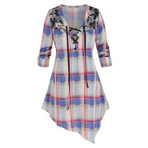 

Plus Size Plaid Uneven Hem Lace Panel Lace-up Tunic Blouse, Multi