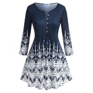 

Plus Size Bohemian Geo Pattern Button T Shirt, Deep blue