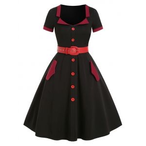 

Contrast Color Mock Button Pockets Belted Vintage Dress, Night