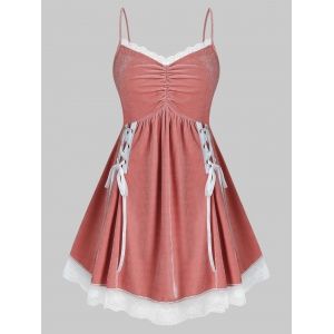

Plus Size Velvet Lace-up Lace Hem Lingerie Cami Dress, Pink