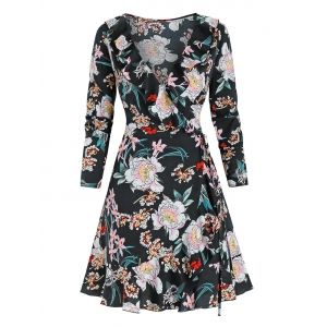 

Flower Print Long Sleeve Wrap Dress, Black
