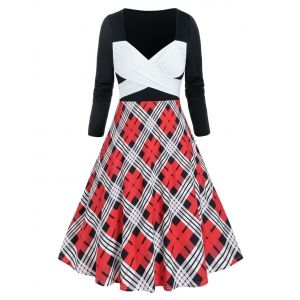 

Plus Size Argyle Print Colorblock Flare Dress, Multi a