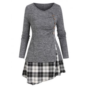 

Plaid Print Mock Button Asymmetrical Twofer T-shirt, Ash gray
