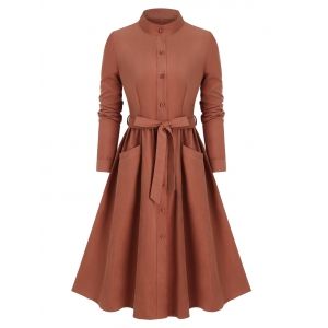 

Buttons Stand Collar A Line Shirt Dress, Chocolate