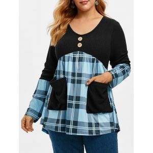 

Ribbed Plaid V Neck Combo Plus Size Knitwear, Blue