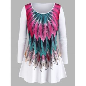 

Plus Size Feather Pattern Curved Hem Tunic Tee, White