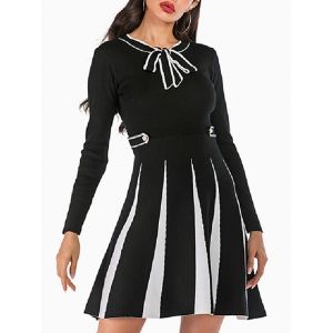 

Knitted Mock Button Pussy Bow Two Tone Dress, Black