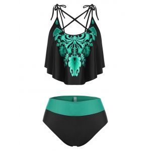 

Plus Size Crisscross Tied Flounce Print Tankini Swimwear, Black