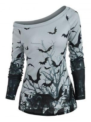 Tree Bat Print One Shoulder Long Sleeve Knitwear