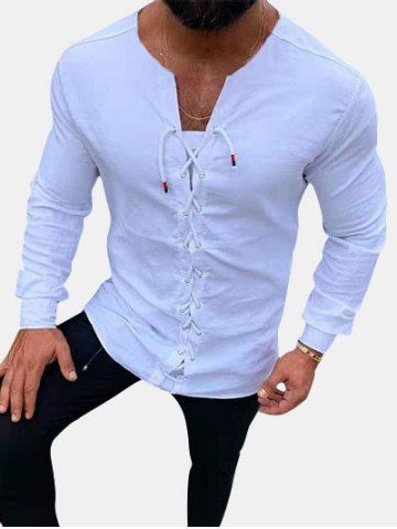 Plain Lace Up Long Sleeve Leisure Shirt - WHITE - XS