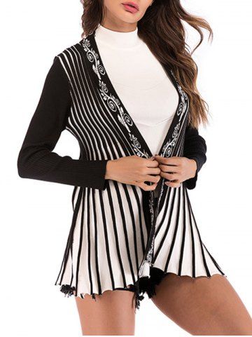 Frente abierta Flor rayada larga Cardigan - BLACK - M