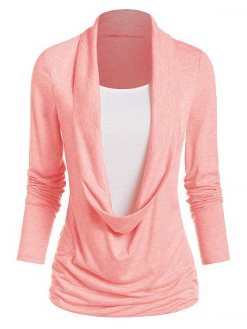 Heathered Draped Ruched 2 In 1 Long Sleeve Casual T-shirt - PINK - M