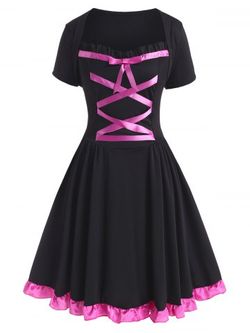 Sweetheart Lattice Bowknot Frilled Plus Size Dress - BLACK - L