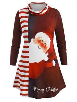 Plus Size Christmas Stripe Santa Claus Print T Shirt - DEEP RED - L