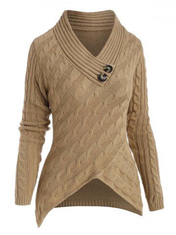 Cable Knit V Neck Dip Hem Sweater - LIGHT COFFEE - XL