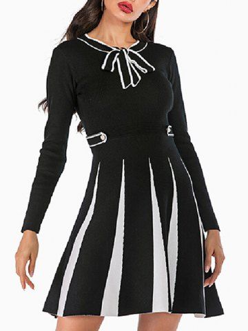 Knitted Mock Button Pussy Bow Two Tone Dress - BLACK - L