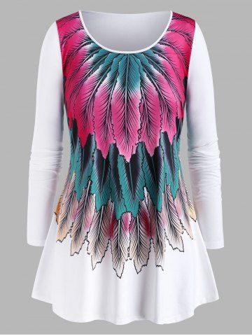 Plus Size Feather Pattern Curved Hem Tunic Tee