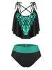 Plus Size Crisscross Tied Flounce Print Tankini Swimwear -  