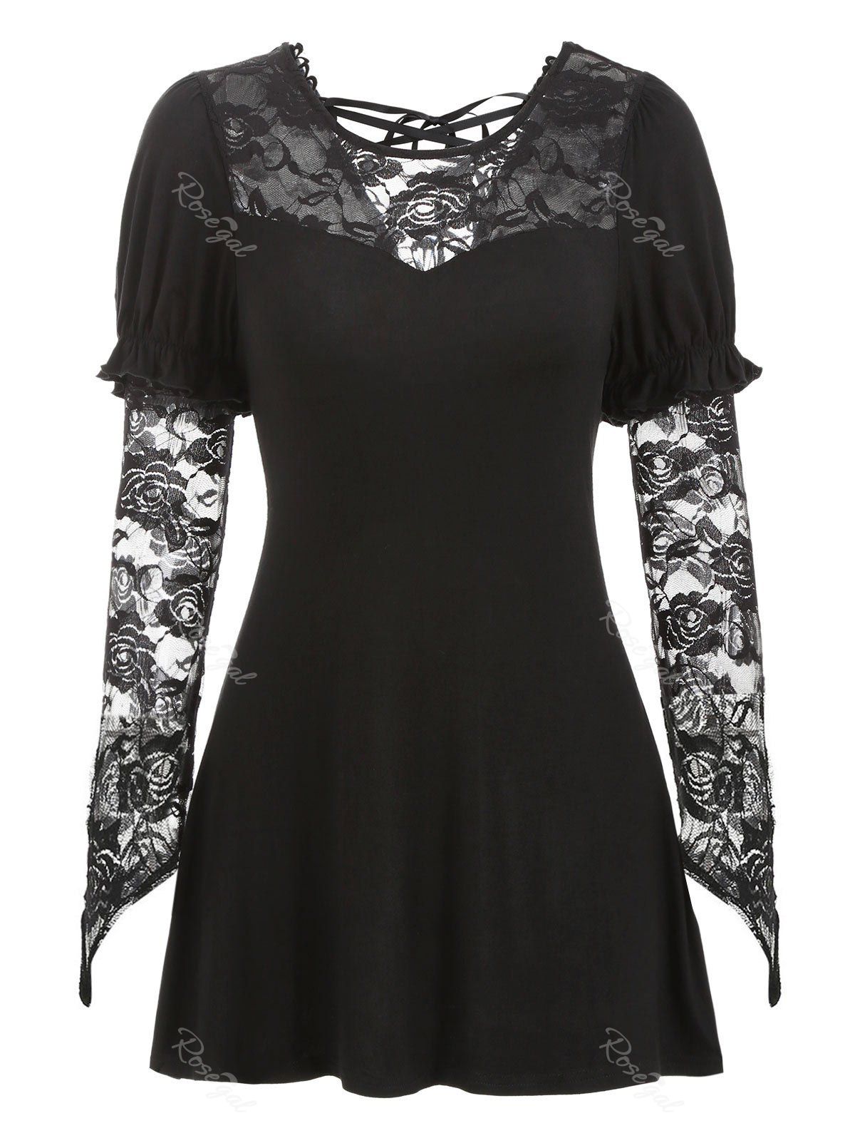 

Floral Lace Insert T Shirt, Black