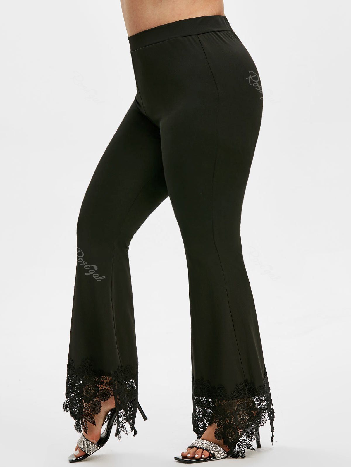 

Plus Size Lace Insert Bell Bottom Pants, Black