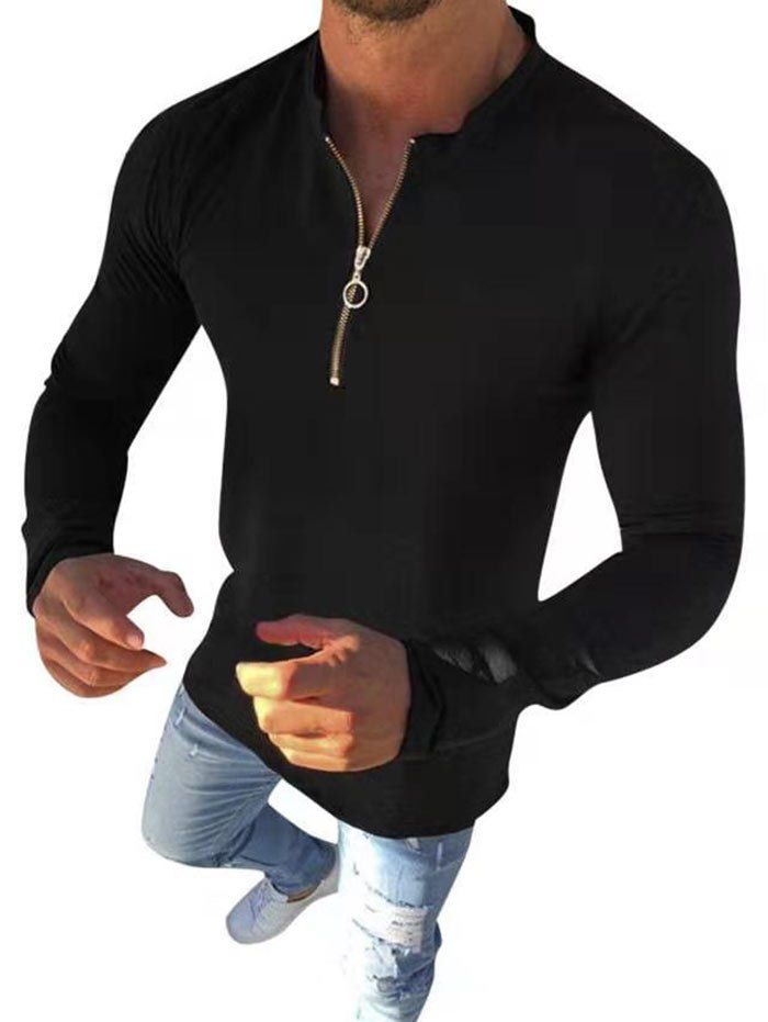 

Plain O-ring Half Zipper Stand Collar Casual T Shirt, Black