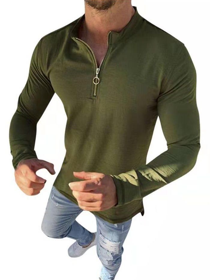 

Plain O-ring Half Zipper Stand Collar Casual T Shirt, Army green