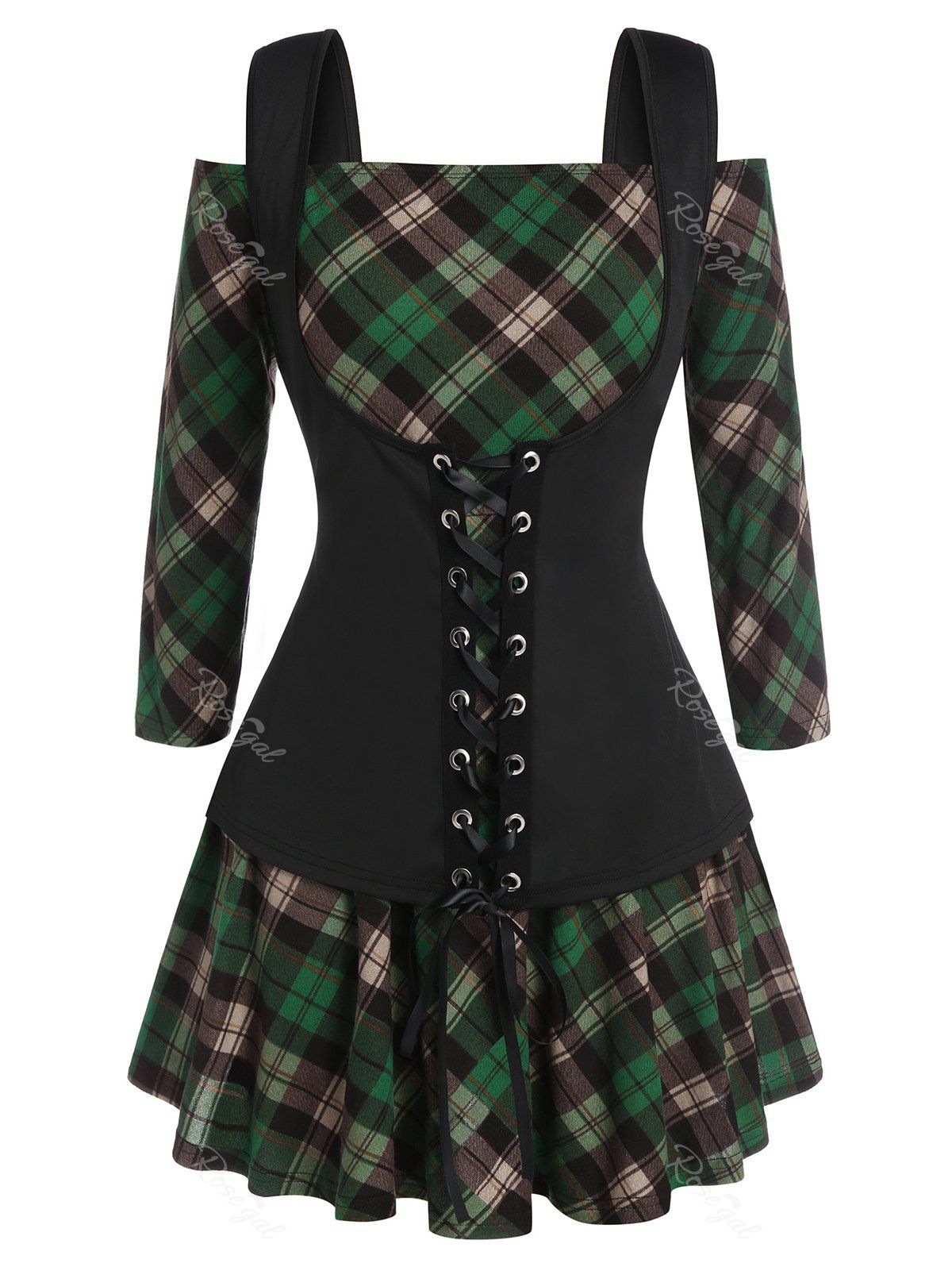 

Plus Size Plaid Lace-up Twofer Cold Shoulder Top, Deep green