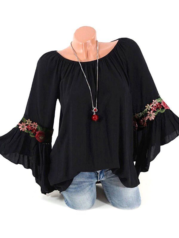 

Flower Applique Flare Sleeve Tunic Blouse, Black