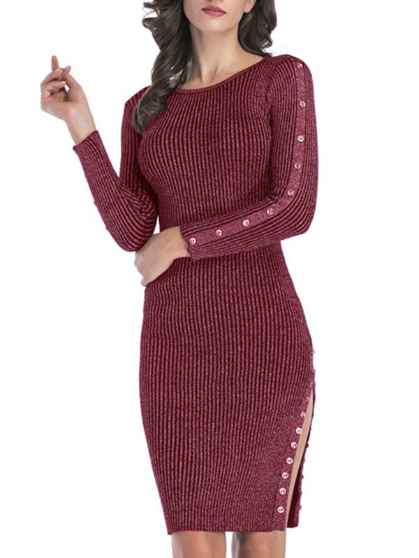 

Ribbed Button Embellished Slit Metallic Thread Dress, Red wine