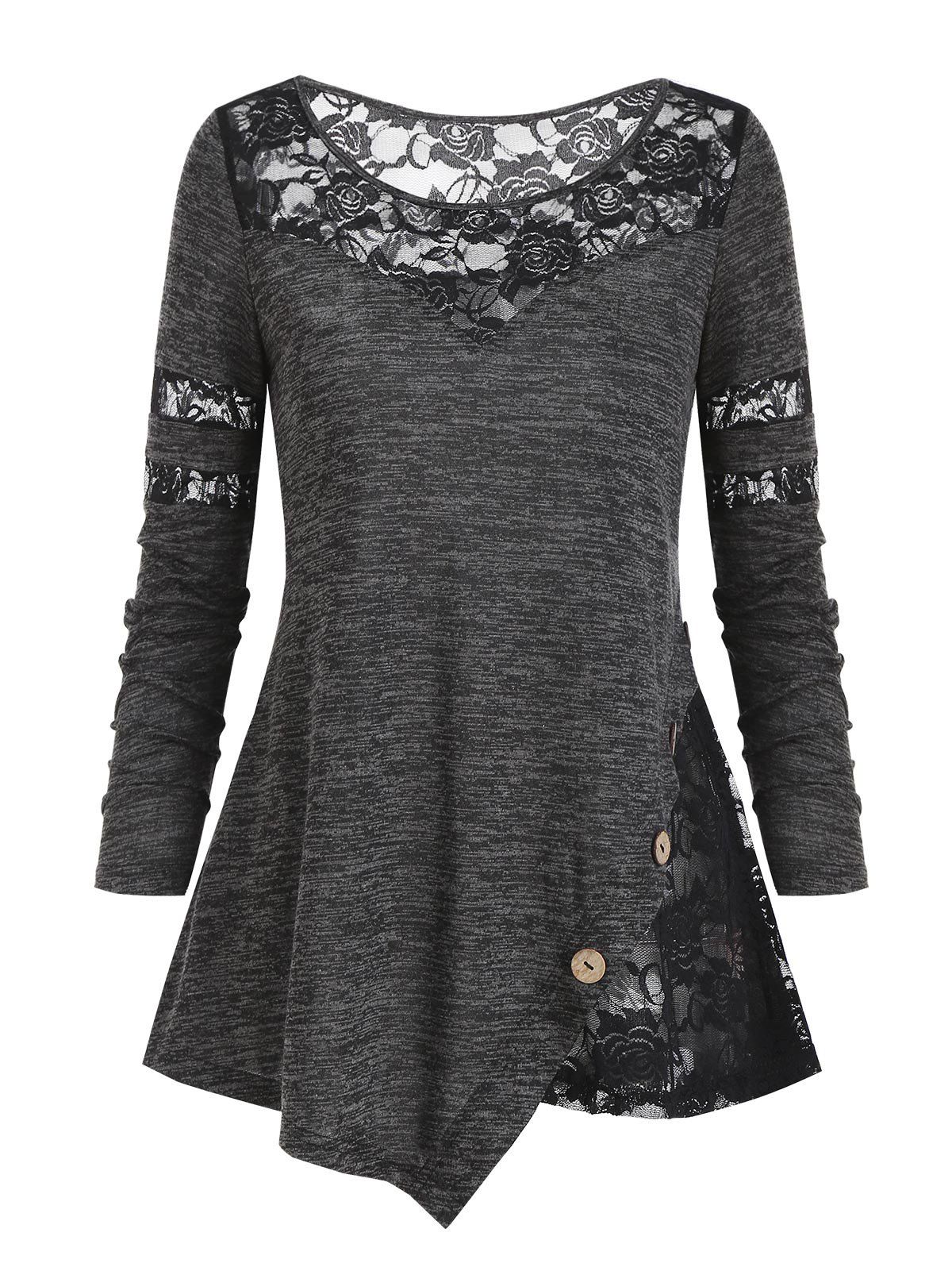 

Lace Insert Marled Asymmetric T Shirt, Carbon gray