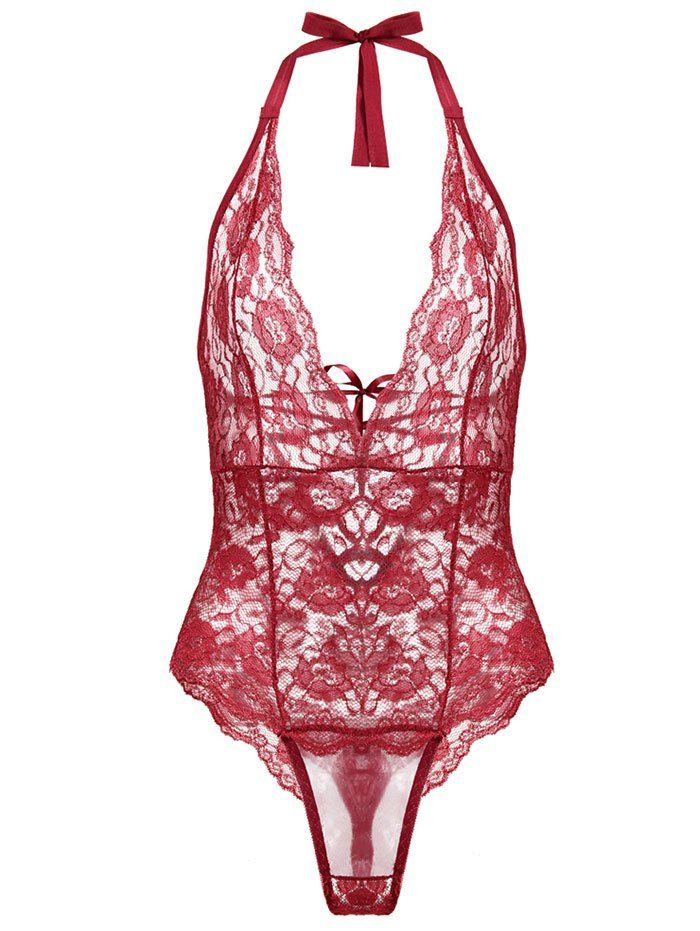 

Backless Lace Halter Lace-up Lingerie Teddy, Red