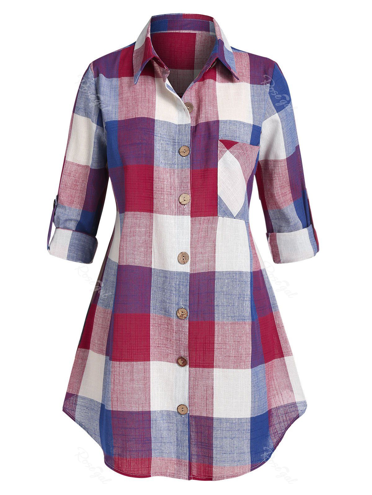 

Plus Size Plaid Turn-down Collar Blouse, Dark orchid