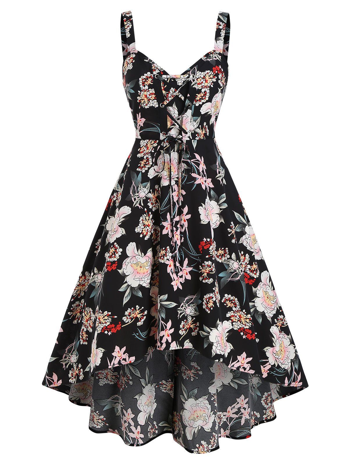 

Flower Printed Lace Up A Line Dress, Black