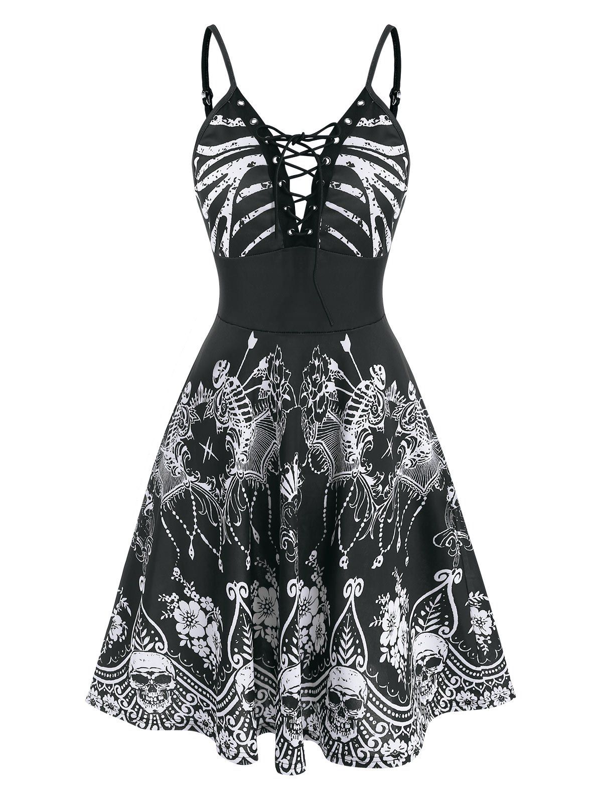 

Halloween Skeleton Floral Print Lace-up Dress, Black
