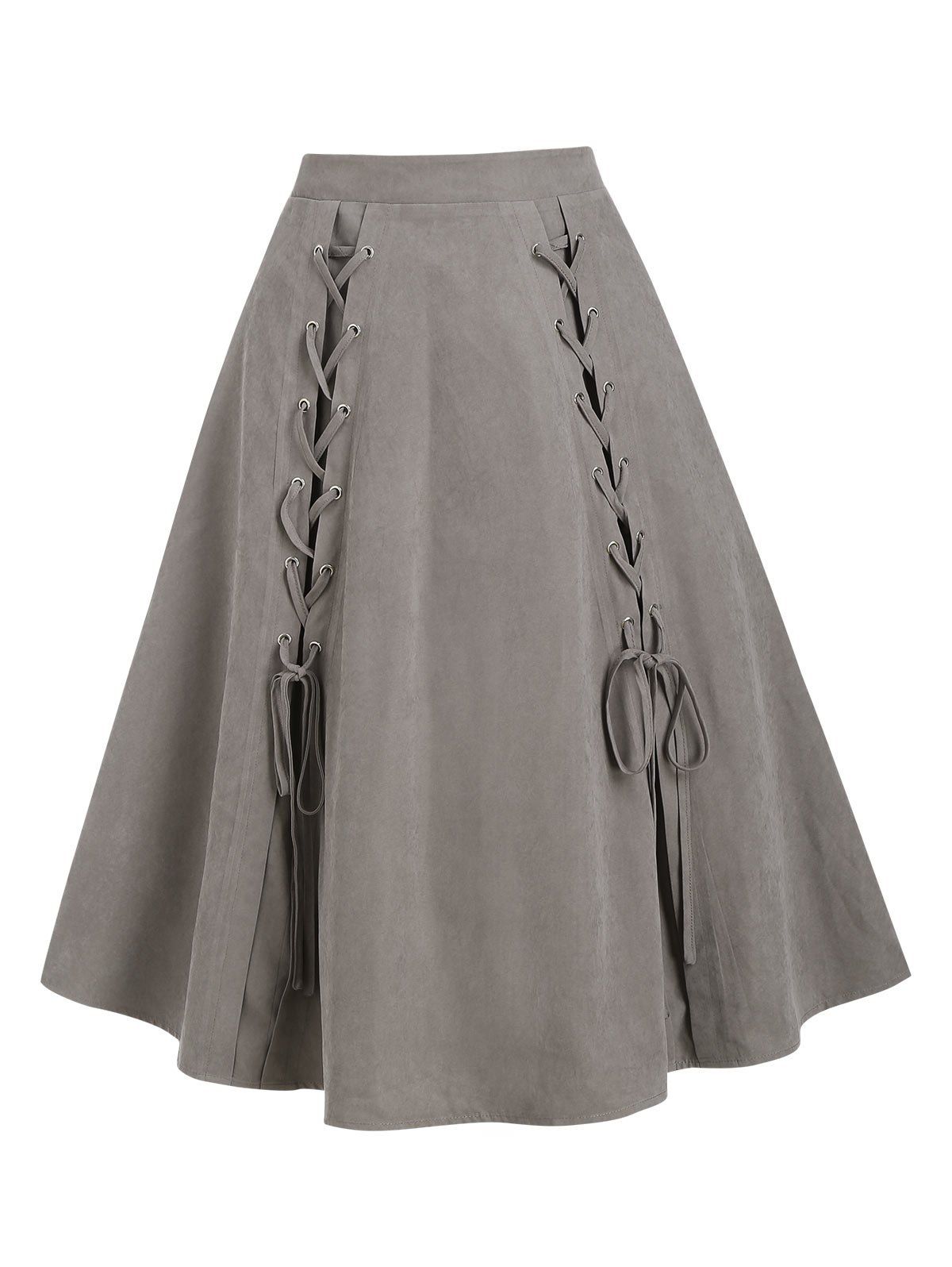 

Plain Lace Up Midi A Line Skirt, Light coffee